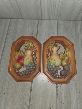 Vtg 1983 Chalkware Fruit Plaques Set of 2 Original Miller Studio Wall Decor Boho